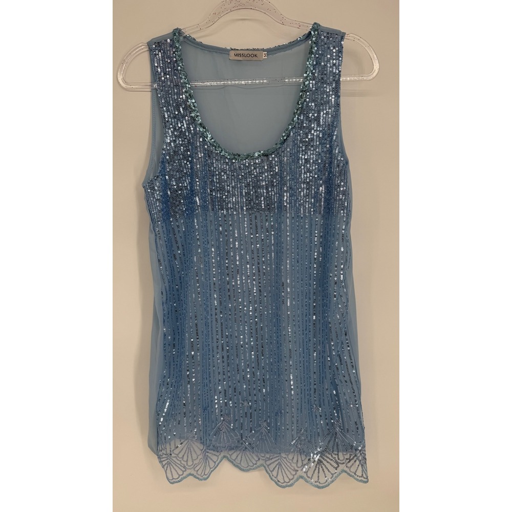 Misslook Womens Light Blue Sequin Sleeveless Scalloped Hem Tank Top Sz M